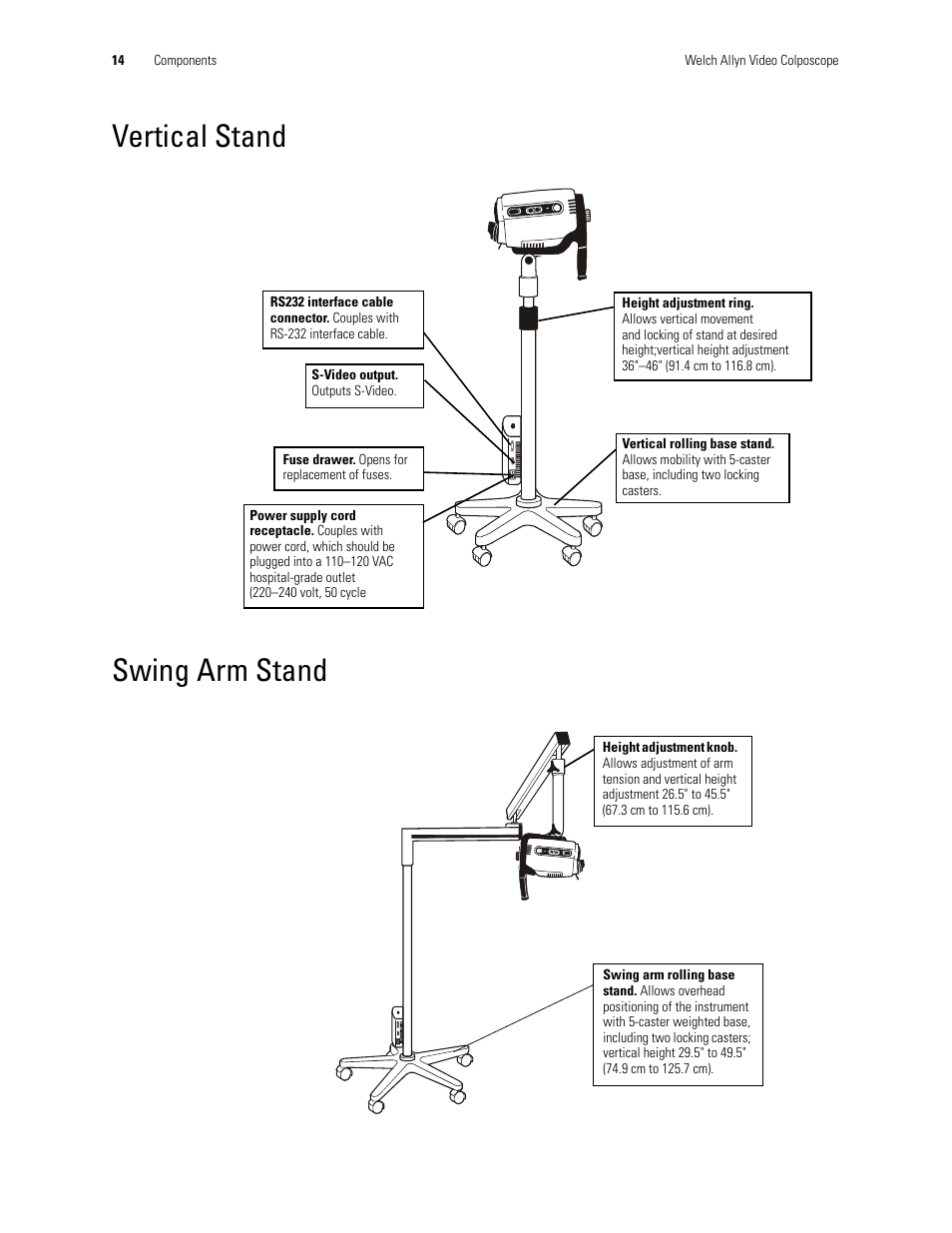 Vertical stand swing arm stand, Vertical stand, Swing arm stand | Welch Allyn Video Colposcope - User Manual User Manual | Page 16 / 400