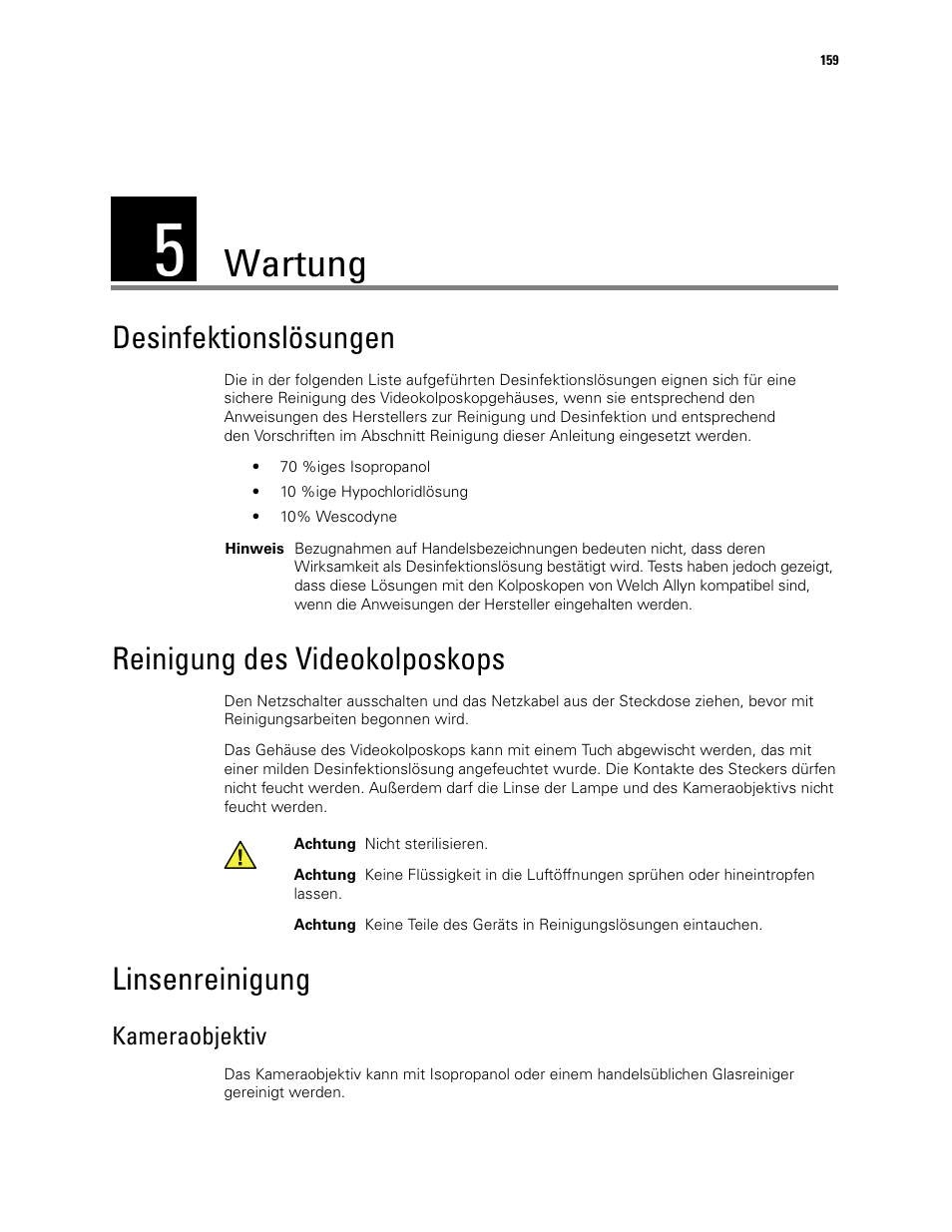 Wartung, 5 - wartung, Kameraobjektiv | Desinfektionslösungen, Reinigung des videokolposkops, Linsenreinigung | Welch Allyn Video Colposcope - User Manual User Manual | Page 161 / 400