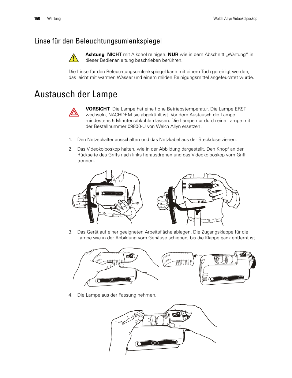 Linse für den beleuchtungsumlenkspiegel, Austausch der lampe | Welch Allyn Video Colposcope - User Manual User Manual | Page 162 / 400