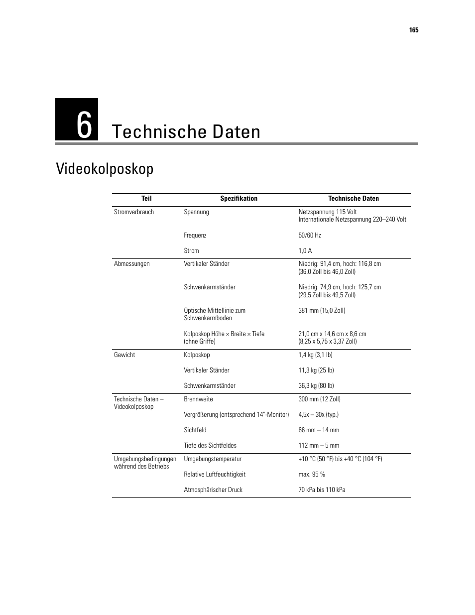 Technische daten, 6 - technische daten, Videokolposkop | Welch Allyn Video Colposcope - User Manual User Manual | Page 167 / 400