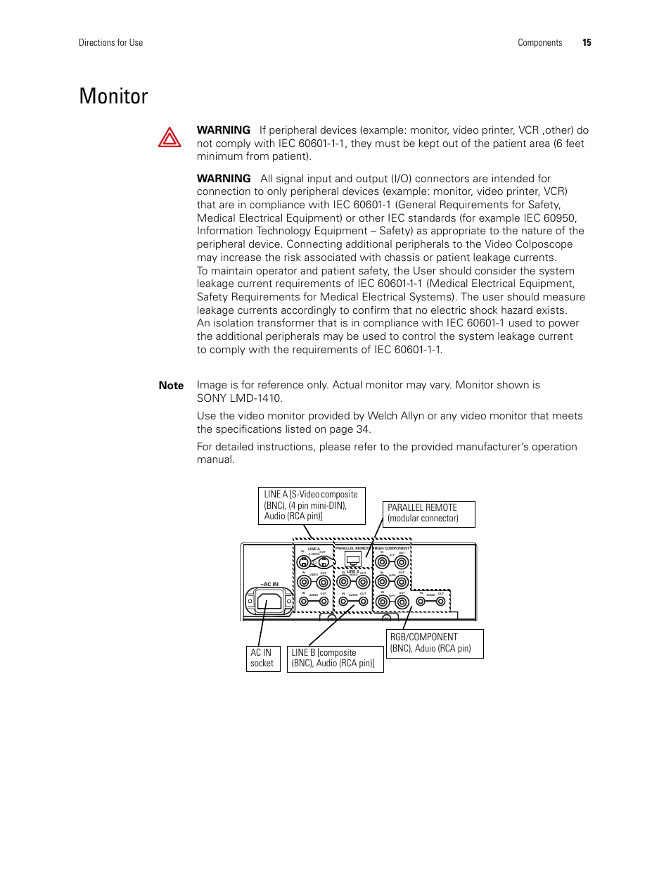 Monitor, Directions for use components 15 | Welch Allyn Video Colposcope - User Manual User Manual | Page 17 / 400