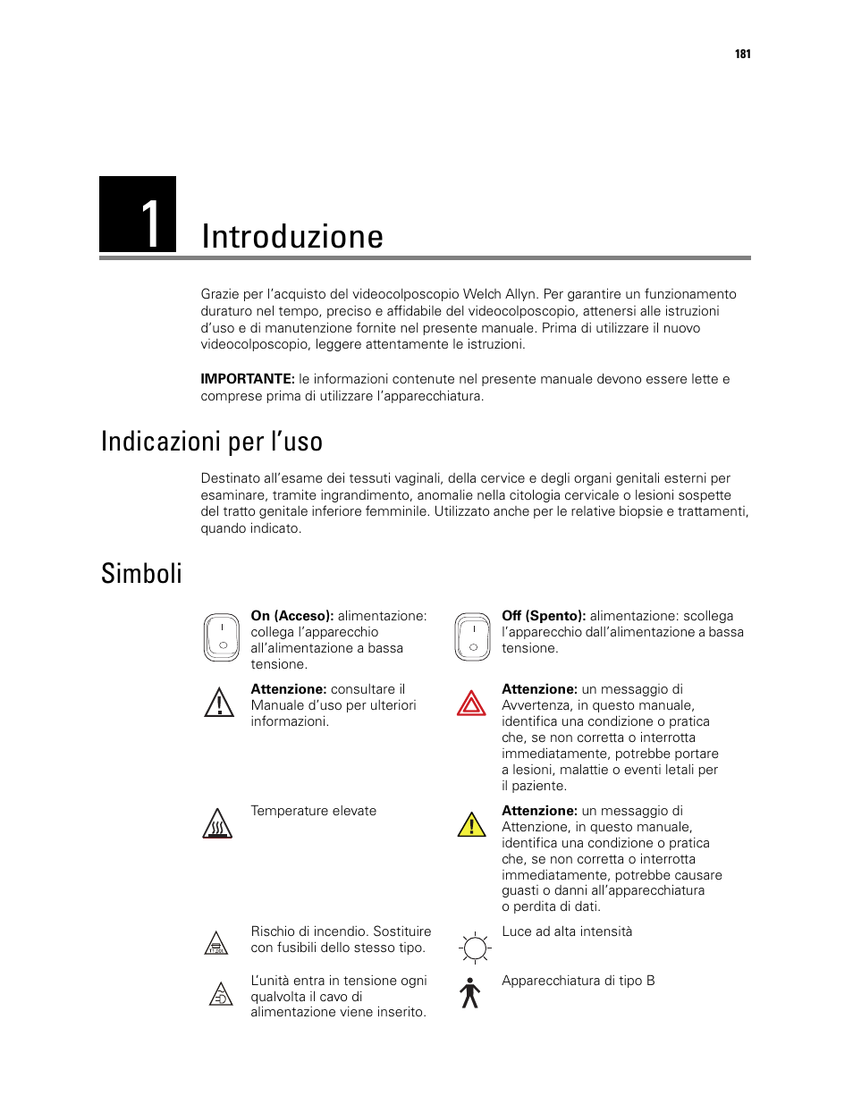 Introduzione, 1 - introduzione, Indicazioni per l’uso simboli | Indicazioni per l’uso, Simboli | Welch Allyn Video Colposcope - User Manual User Manual | Page 183 / 400