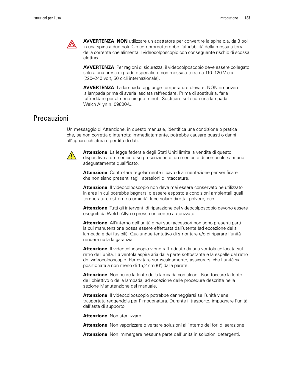 Precauzioni | Welch Allyn Video Colposcope - User Manual User Manual | Page 185 / 400