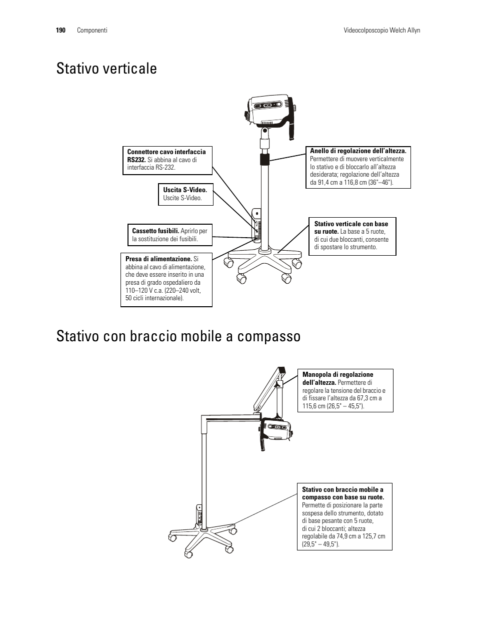 Stativo verticale, Stativo con braccio mobile a compasso | Welch Allyn Video Colposcope - User Manual User Manual | Page 192 / 400