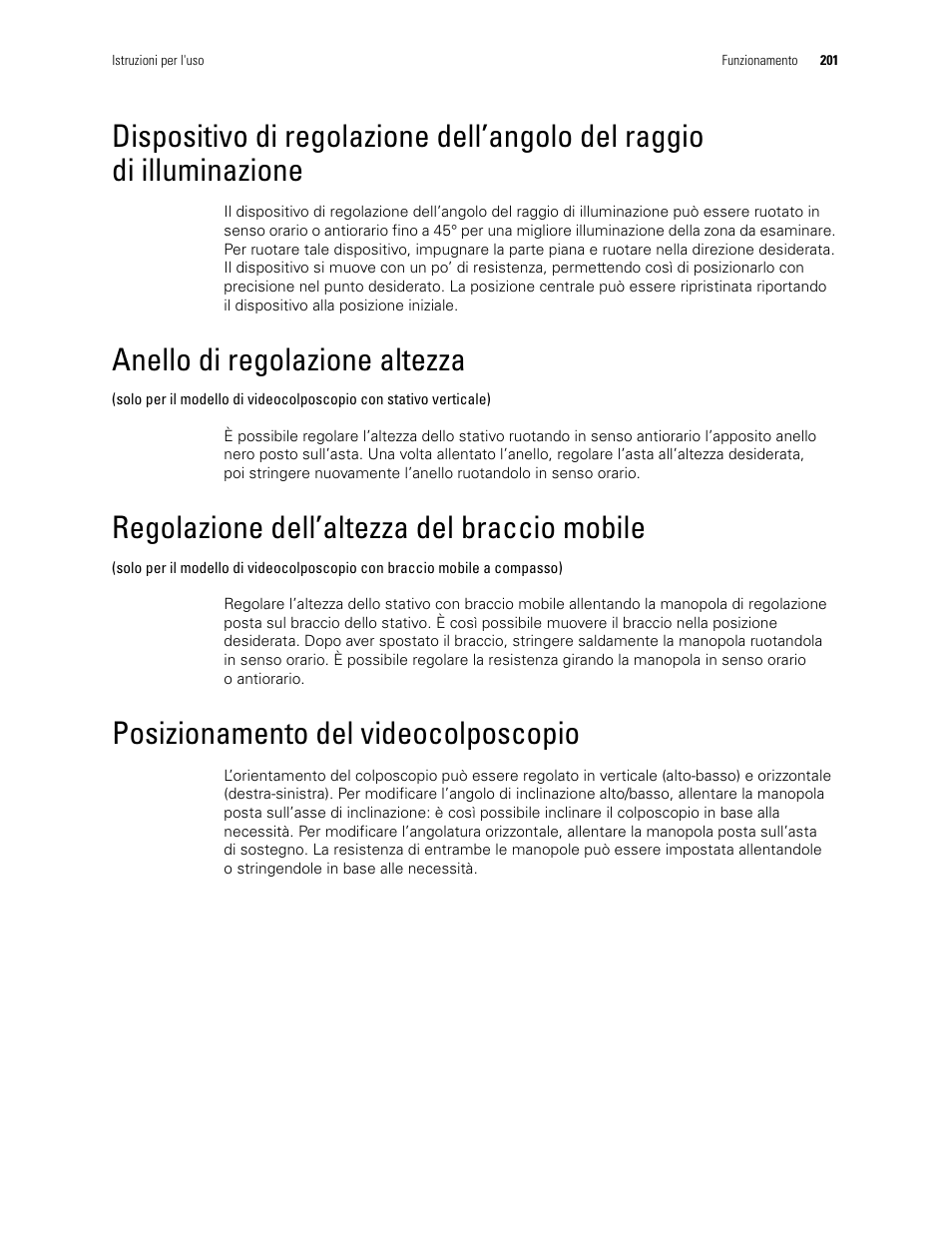Regolazione dell’altezza del braccio mobile, Anello di regolazione altezza, Posizionamento del videocolposcopio | Welch Allyn Video Colposcope - User Manual User Manual | Page 203 / 400