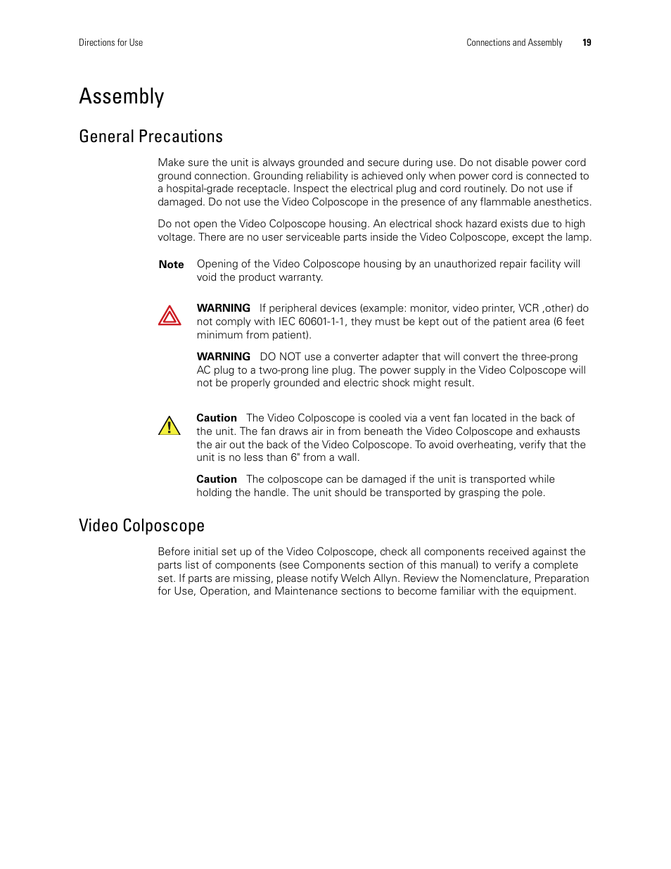 Assembly, General precautions video colposcope, General precautions | Video colposcope | Welch Allyn Video Colposcope - User Manual User Manual | Page 21 / 400