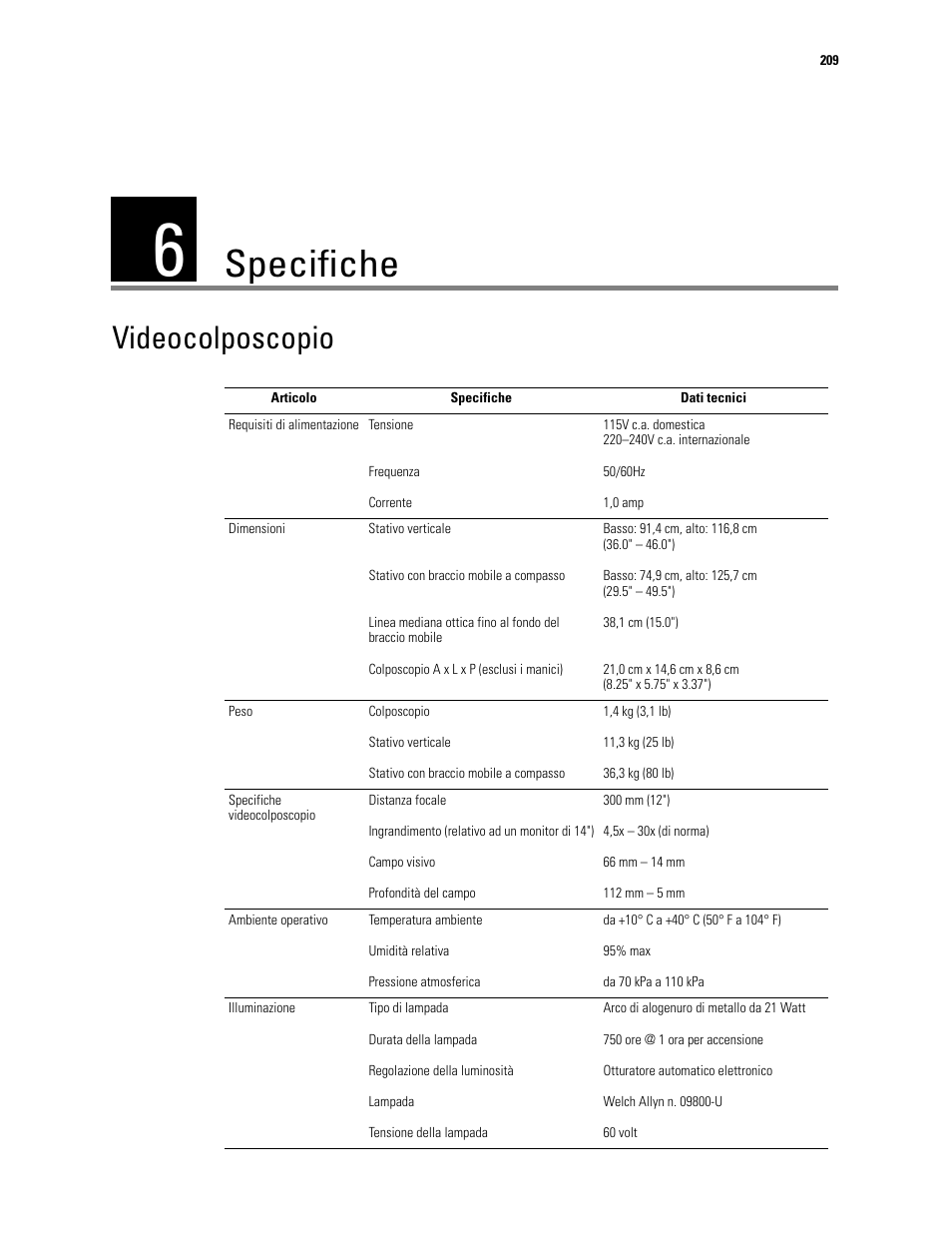 Specifiche, 6 - specifiche, Videocolposcopio | Welch Allyn Video Colposcope - User Manual User Manual | Page 211 / 400