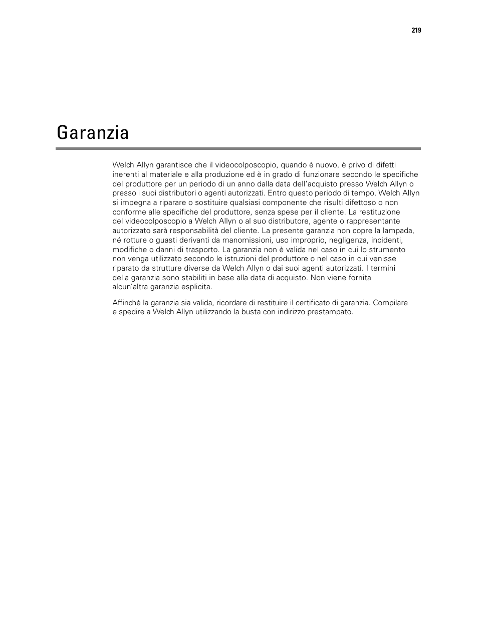 Garanzia | Welch Allyn Video Colposcope - User Manual User Manual | Page 221 / 400