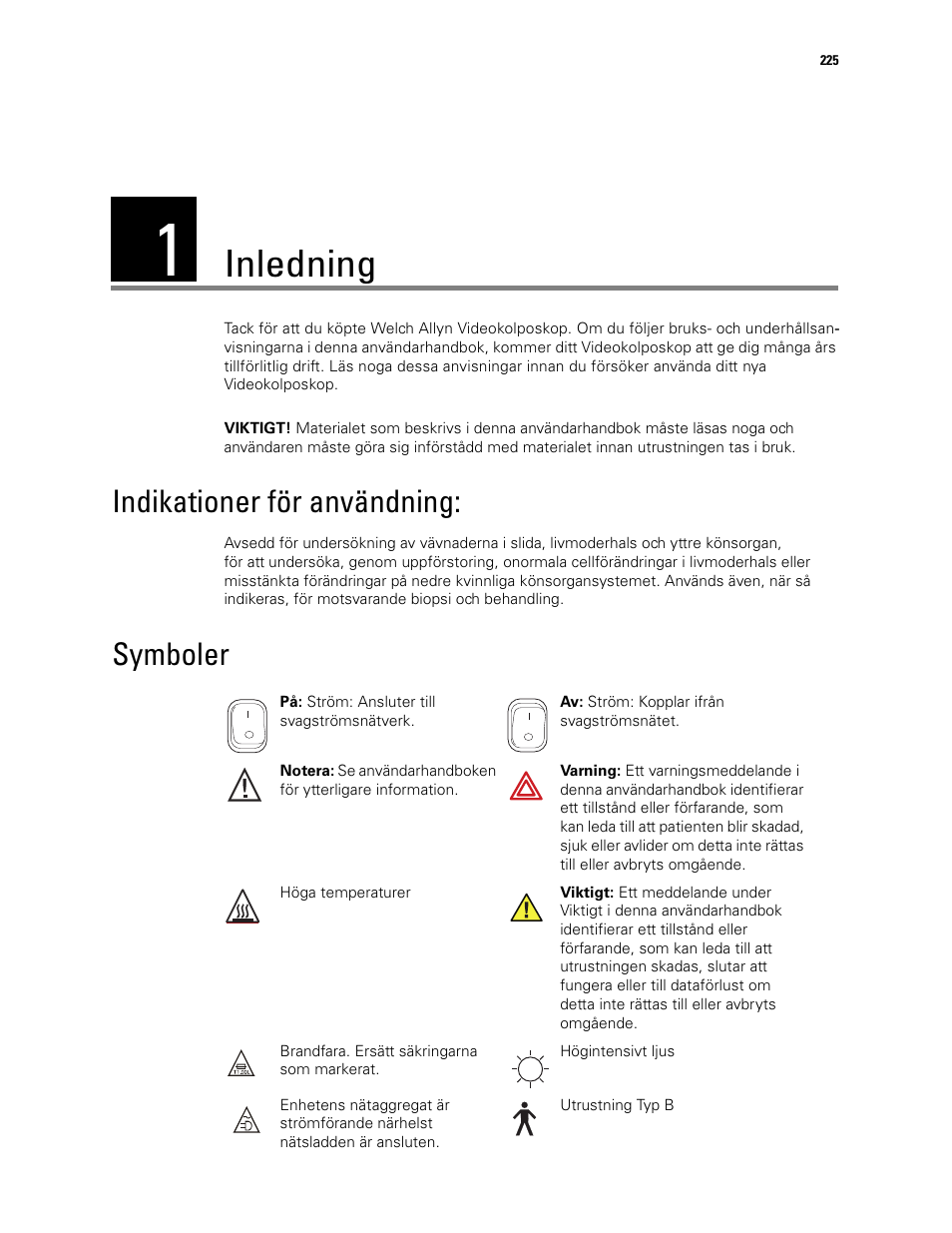Inledning, 1 - inledning, Indikationer för användning: symboler | Indikationer för användning, Symboler | Welch Allyn Video Colposcope - User Manual User Manual | Page 227 / 400