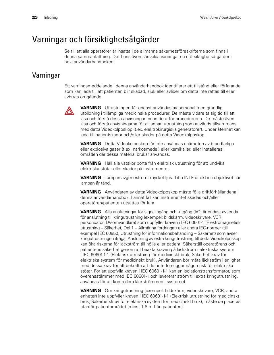 Varningar och försiktighetsåtgärder, Varningar | Welch Allyn Video Colposcope - User Manual User Manual | Page 228 / 400