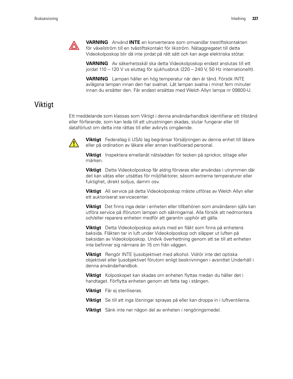 Viktigt | Welch Allyn Video Colposcope - User Manual User Manual | Page 229 / 400