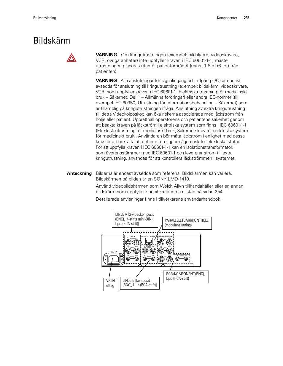 Bildskärm, Bruksanvisning komponenter 235 | Welch Allyn Video Colposcope - User Manual User Manual | Page 237 / 400