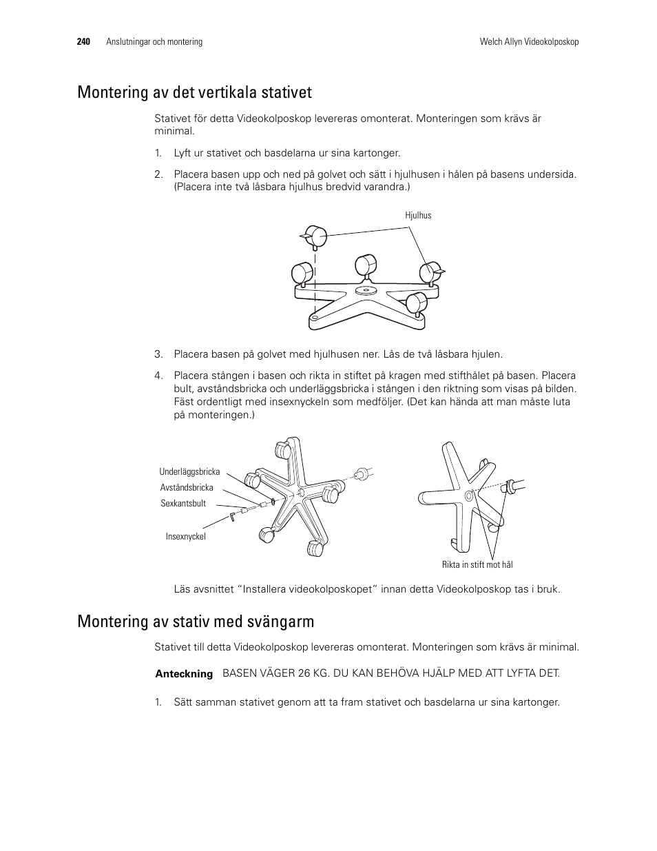 Montering av det vertikala stativet, Montering av stativ med svängarm | Welch Allyn Video Colposcope - User Manual User Manual | Page 242 / 400