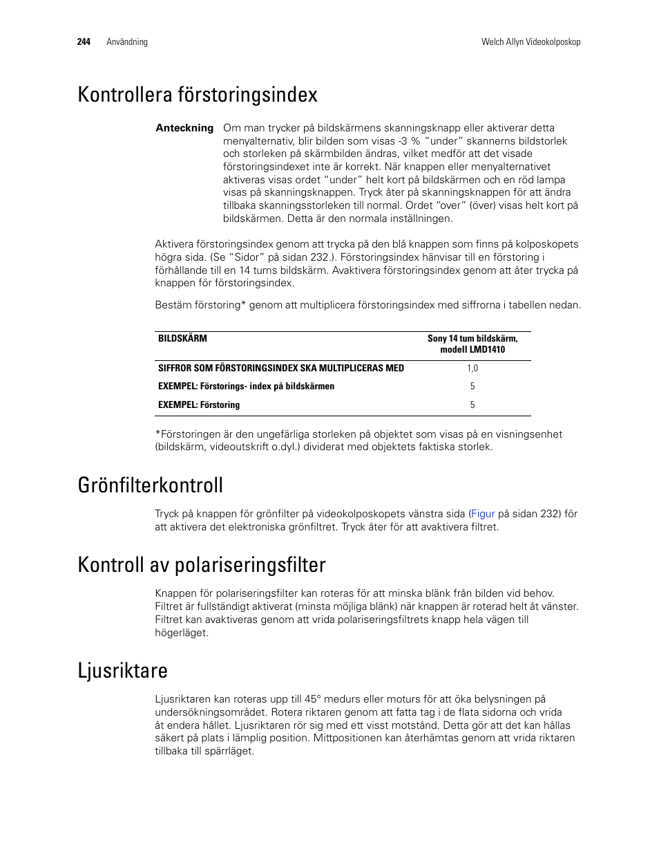 Kontrollera förstoringsindex, Grönfilterkontroll, Kontroll av polariseringsfilter | Ljusriktare | Welch Allyn Video Colposcope - User Manual User Manual | Page 246 / 400