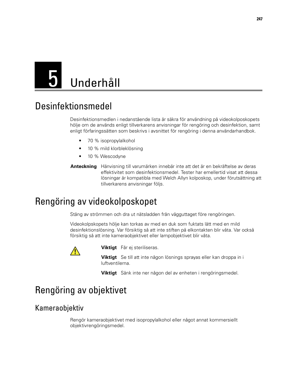 Underhåll, 5 - underhåll, Kameraobjektiv | Desinfektionsmedel, Rengöring av videokolposkopet, Rengöring av objektivet | Welch Allyn Video Colposcope - User Manual User Manual | Page 249 / 400