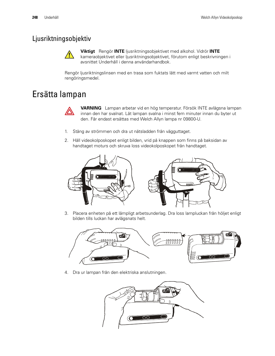Ljusriktningsobjektiv, Ersätta lampan | Welch Allyn Video Colposcope - User Manual User Manual | Page 250 / 400