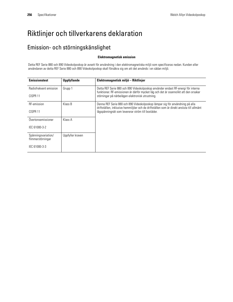 Riktlinjer och tillverkarens deklaration, Emission- och störningskänslighet | Welch Allyn Video Colposcope - User Manual User Manual | Page 258 / 400