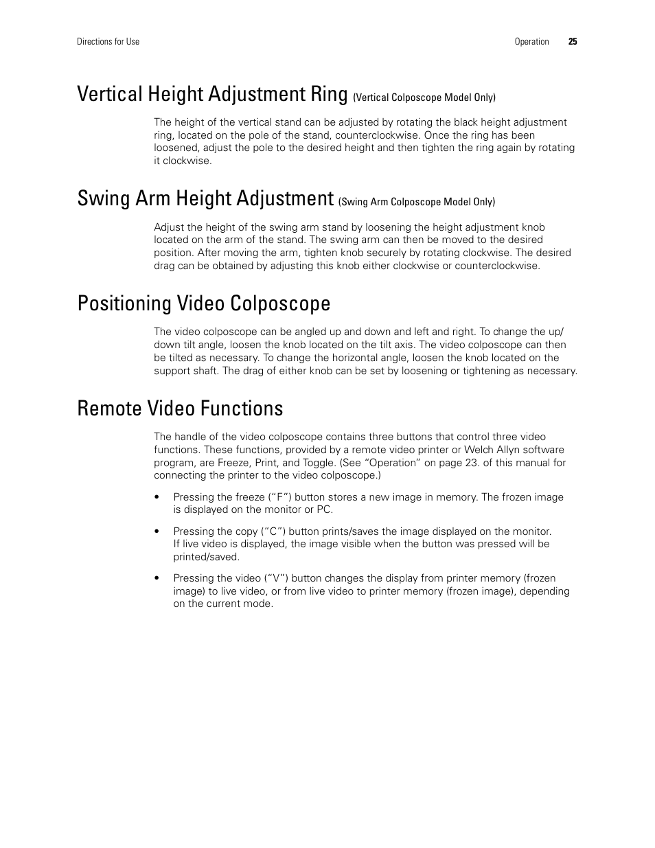 Remote video functions, Vertical height adjustment ring, Swing arm height adjustment | Positioning video colposcope | Welch Allyn Video Colposcope - User Manual User Manual | Page 27 / 400
