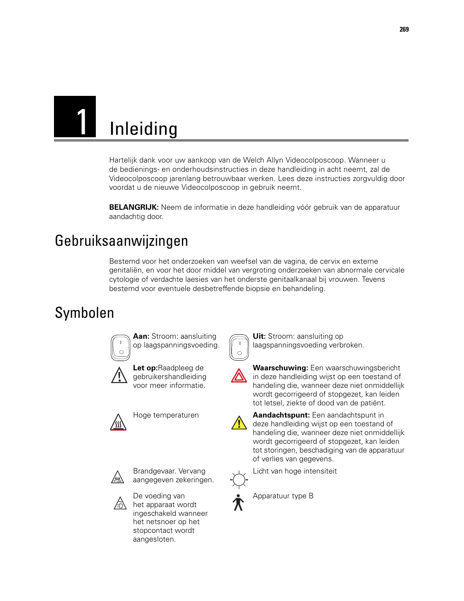 Inleiding, 1 - inleiding, Gebruiksaanwijzingen symbolen | Gebruiksaanwijzingen, Symbolen | Welch Allyn Video Colposcope - User Manual User Manual | Page 271 / 400