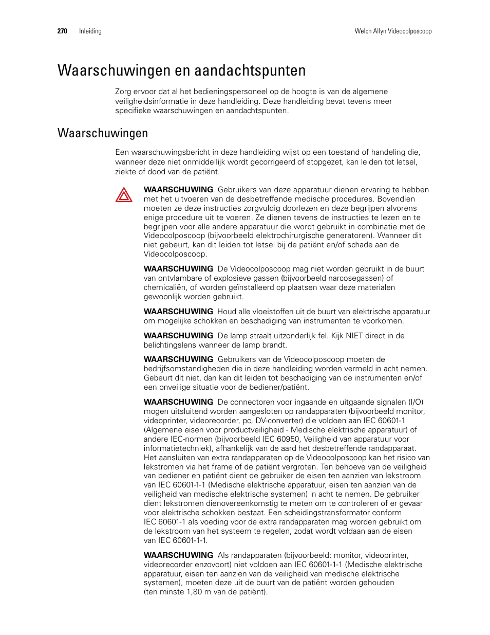 Waarschuwingen en aandachtspunten, Waarschuwingen | Welch Allyn Video Colposcope - User Manual User Manual | Page 272 / 400