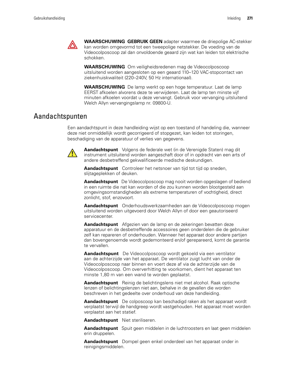 Aandachtspunten | Welch Allyn Video Colposcope - User Manual User Manual | Page 273 / 400