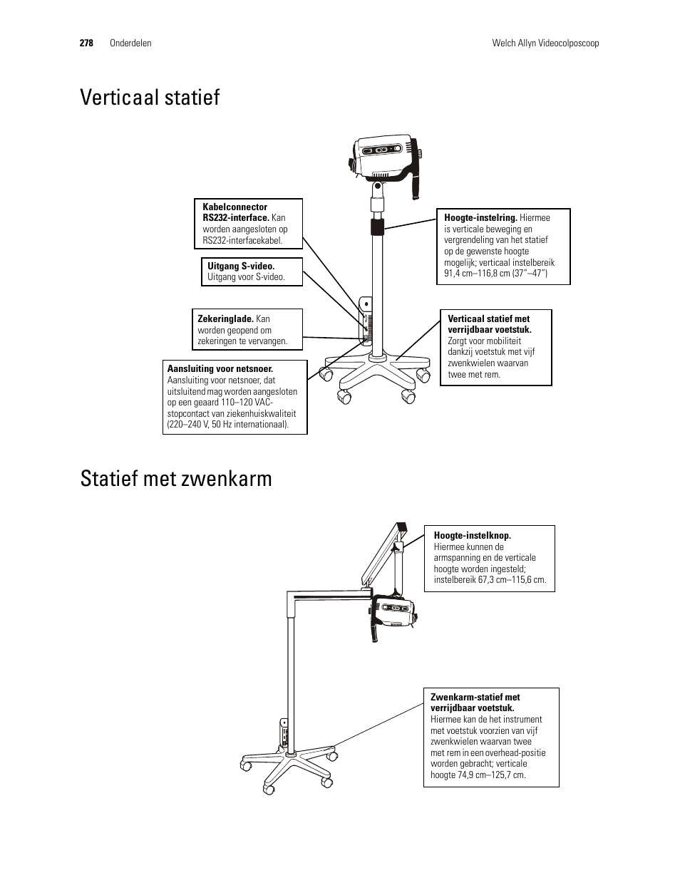 Verticaal statief statief met zwenkarm, Verticaal statief, Statief met zwenkarm | Welch Allyn Video Colposcope - User Manual User Manual | Page 280 / 400