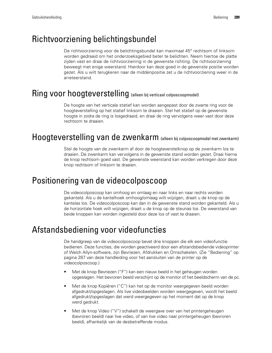 Met zwenkarm), Richtvoorziening belichtingsbundel, Ring voor hoogteverstelling | Hoogteverstelling van de zwenkarm, Positionering van de videocolposcoop, Afstandsbediening voor videofuncties | Welch Allyn Video Colposcope - User Manual User Manual | Page 291 / 400