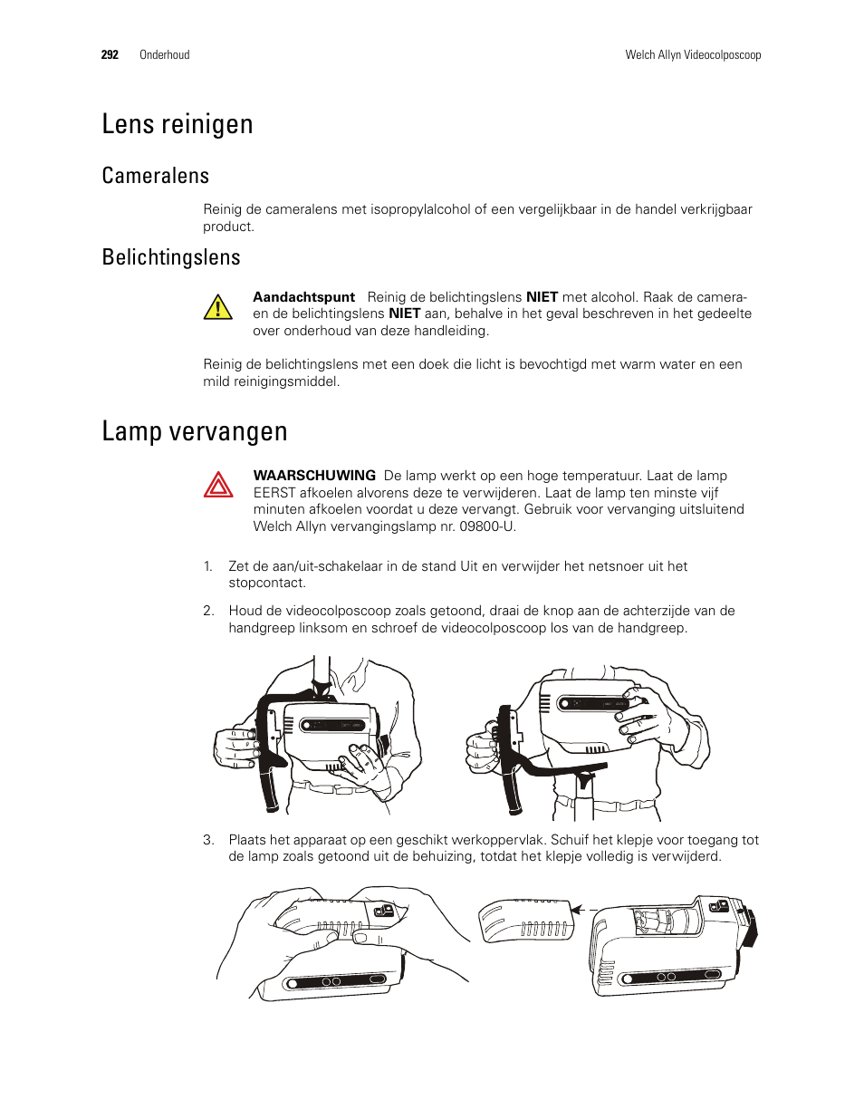 Lens reinigen, Cameralens belichtingslens, Lamp vervangen | Cameralens, Belichtingslens | Welch Allyn Video Colposcope - User Manual User Manual | Page 294 / 400