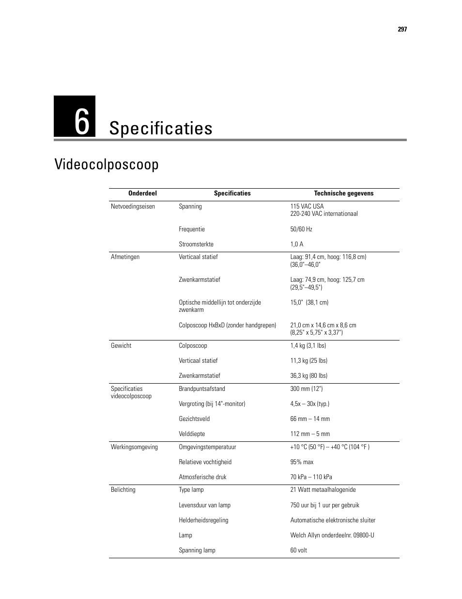Specificaties, 6 - specificaties, Videocolposcoop | Welch Allyn Video Colposcope - User Manual User Manual | Page 299 / 400