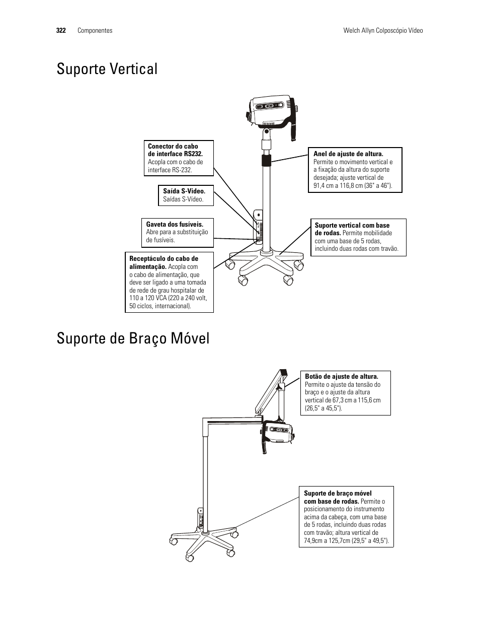Suporte vertical suporte de braço móvel, Suporte vertical, Suporte de braço móvel | Welch Allyn Video Colposcope - User Manual User Manual | Page 324 / 400