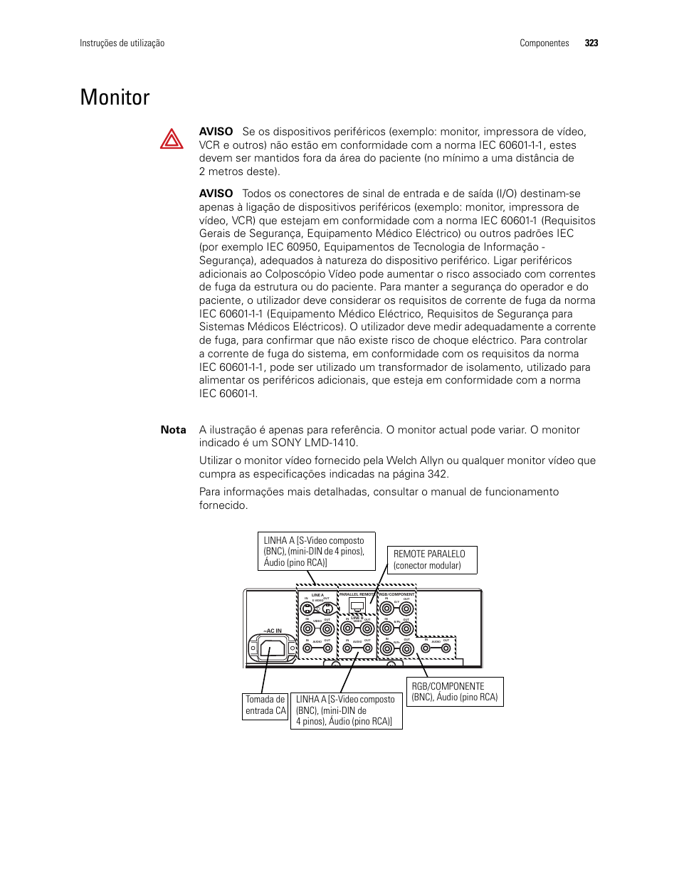 Monitor, Instruções de utilização componentes 323 | Welch Allyn Video Colposcope - User Manual User Manual | Page 325 / 400