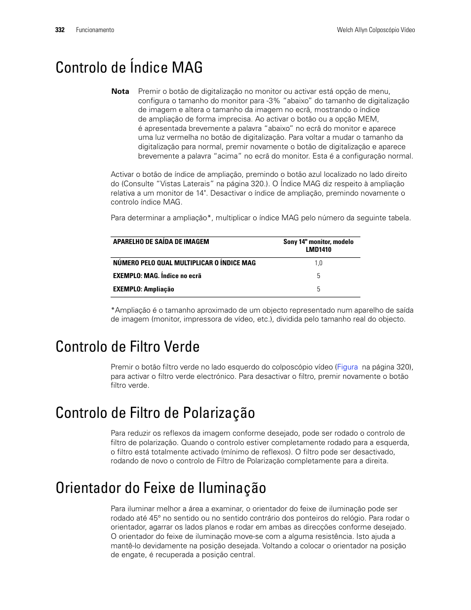 Controlo de índice mag, Controlo de filtro verde, Controlo de filtro de polarização | Orientador do feixe de iluminação | Welch Allyn Video Colposcope - User Manual User Manual | Page 334 / 400
