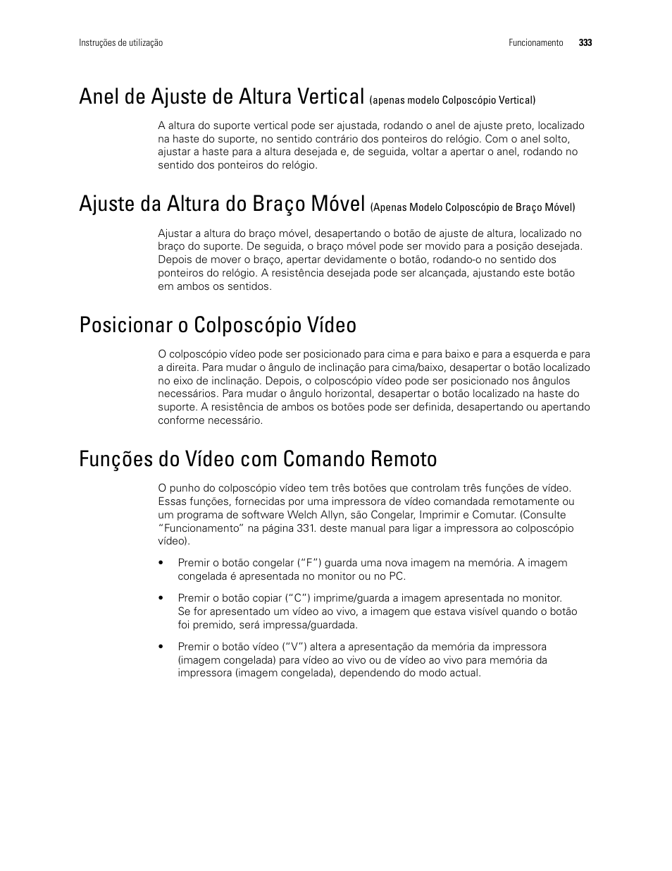 De braço móvel), Anel de ajuste de altura vertical, Ajuste da altura do braço móvel | Posicionar o colposcópio vídeo, Funções do vídeo com comando remoto | Welch Allyn Video Colposcope - User Manual User Manual | Page 335 / 400
