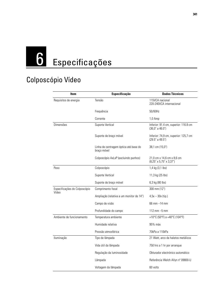 Especificações, 6 - especificações, Colposcópio vídeo | Welch Allyn Video Colposcope - User Manual User Manual | Page 343 / 400