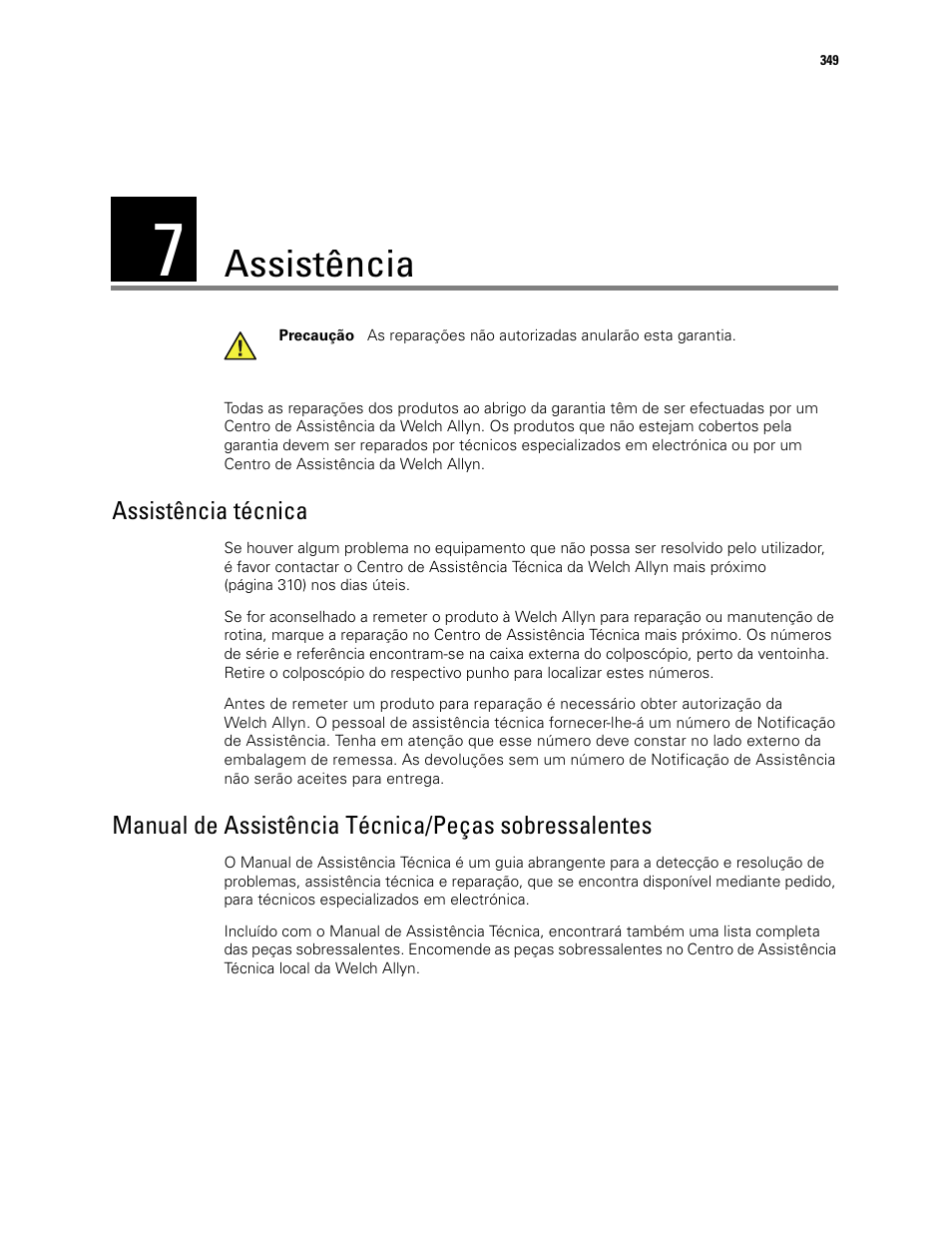 Assistência, 7 - assistência | Welch Allyn Video Colposcope - User Manual User Manual | Page 351 / 400