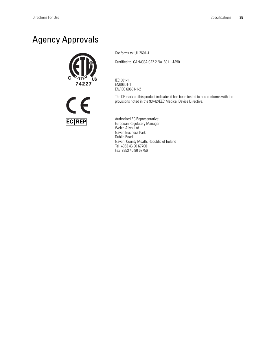 Agency approvals | Welch Allyn Video Colposcope - User Manual User Manual | Page 37 / 400