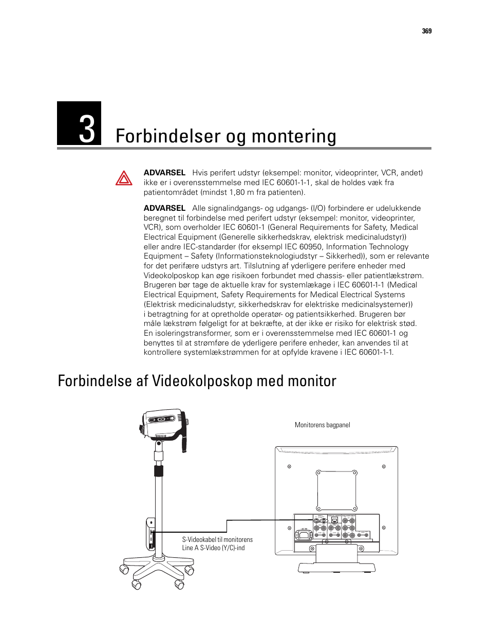 Forbindelser og montering, 3 - forbindelser og montering, Forbindelse af videokolposkop med monitor | Welch Allyn Video Colposcope - User Manual User Manual | Page 371 / 400