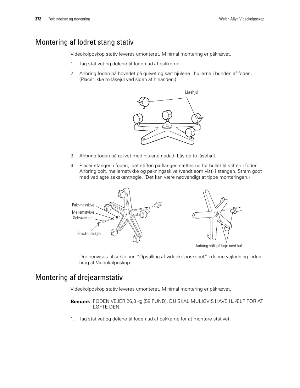 Montering af lodret stang stativ, Montering af drejearmstativ | Welch Allyn Video Colposcope - User Manual User Manual | Page 374 / 400