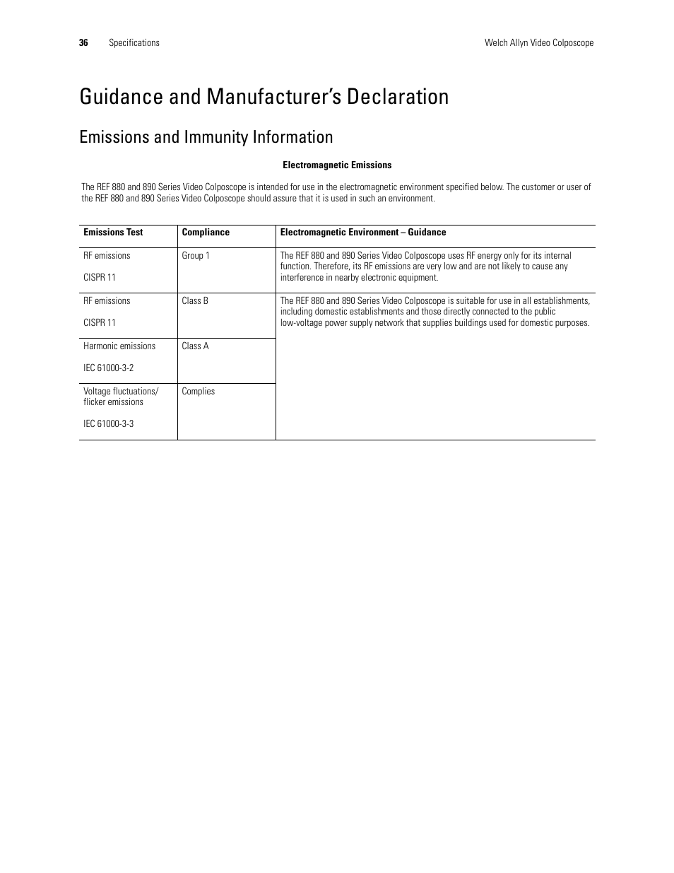 Guidance and manufacturer’s declaration, Emissions and immunity information | Welch Allyn Video Colposcope - User Manual User Manual | Page 38 / 400