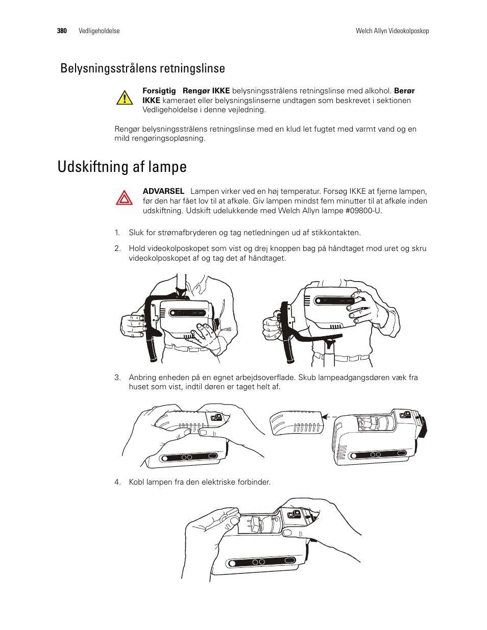 Belysningsstrålens retningslinse, Udskiftning af lampe | Welch Allyn Video Colposcope - User Manual User Manual | Page 382 / 400