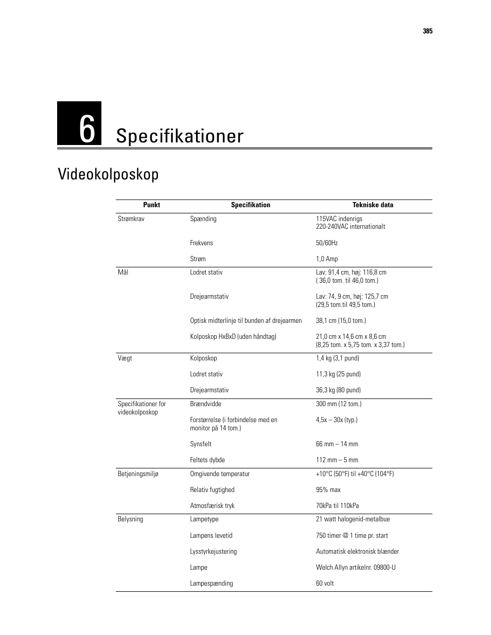 Specifikationer, 6 - specifikationer, Videokolposkop | Welch Allyn Video Colposcope - User Manual User Manual | Page 387 / 400