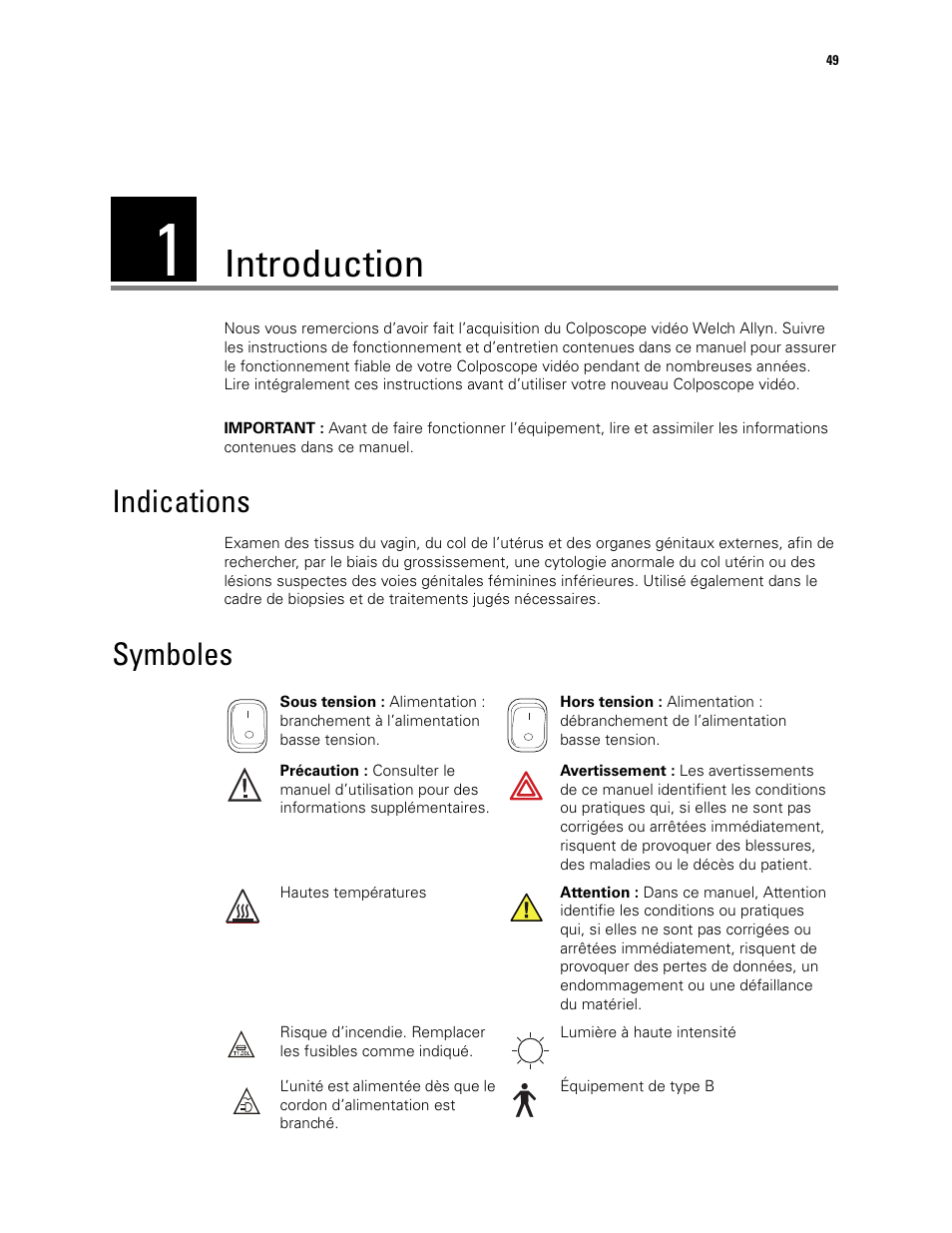 Introduction, 1 - introduction, Indications symboles | Indications, Symboles | Welch Allyn Video Colposcope - User Manual User Manual | Page 51 / 400