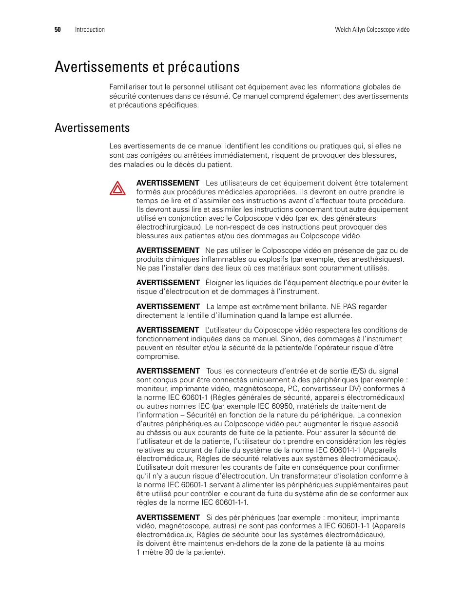 Avertissements et précautions, Avertissements | Welch Allyn Video Colposcope - User Manual User Manual | Page 52 / 400
