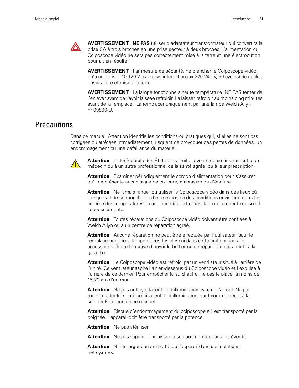 Précautions | Welch Allyn Video Colposcope - User Manual User Manual | Page 53 / 400