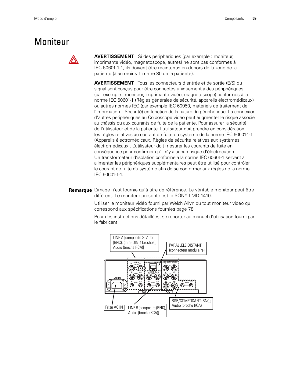 Moniteur, Mode d’emploi composants 59 | Welch Allyn Video Colposcope - User Manual User Manual | Page 61 / 400