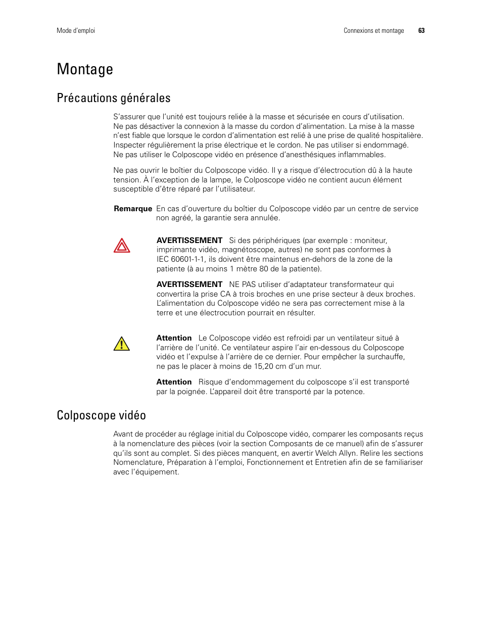Montage, Précautions générales colposcope vidéo, Précautions générales | Colposcope vidéo | Welch Allyn Video Colposcope - User Manual User Manual | Page 65 / 400