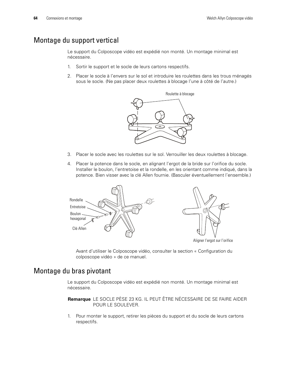 Montage du support vertical, Montage du bras pivotant | Welch Allyn Video Colposcope - User Manual User Manual | Page 66 / 400