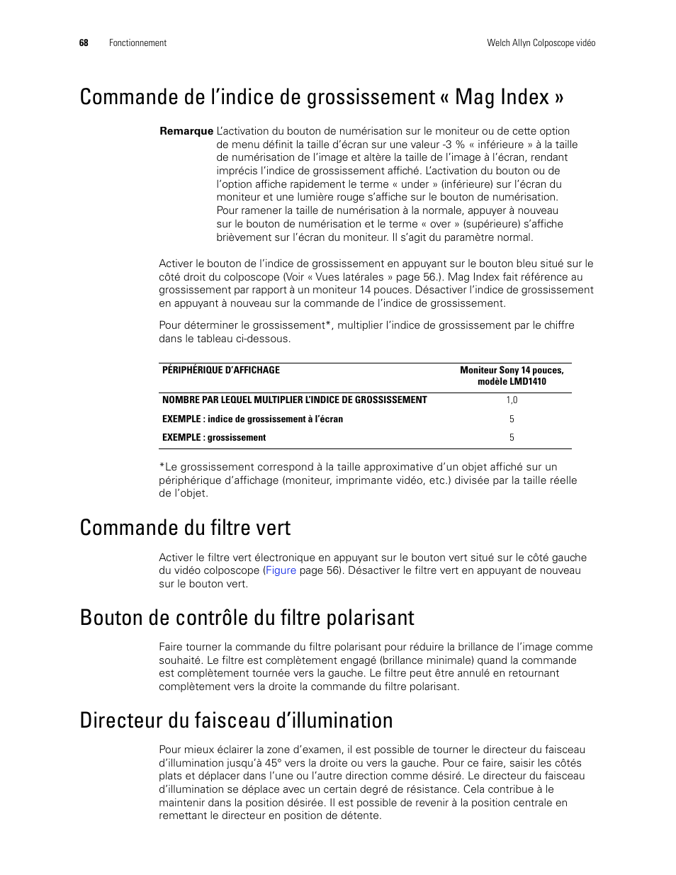Commande de l’indice de grossissement « mag index, Commande du filtre vert, Bouton de contrôle du filtre polarisant | Directeur du faisceau d’illumination | Welch Allyn Video Colposcope - User Manual User Manual | Page 70 / 400