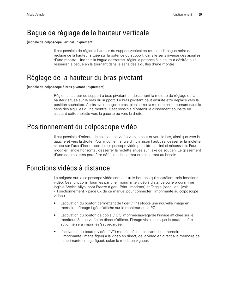 Bague de réglage de la hauteur verticale, Réglage de la hauteur du bras pivotant, Positionnement du colposcope vidéo | Fonctions vidéos à distance | Welch Allyn Video Colposcope - User Manual User Manual | Page 71 / 400