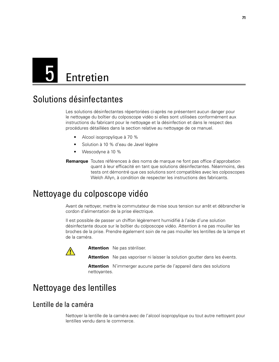 Entretien, 5 - entretien, Lentille de la caméra | Solutions désinfectantes, Nettoyage du colposcope vidéo, Nettoyage des lentilles | Welch Allyn Video Colposcope - User Manual User Manual | Page 73 / 400